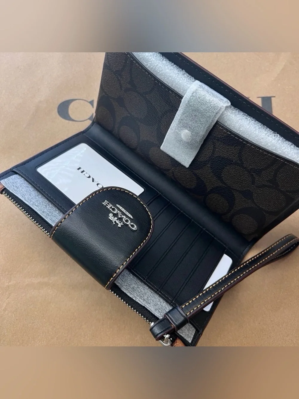 COACH Leopard Print Leather Wristlet Card Case - Brown & Black